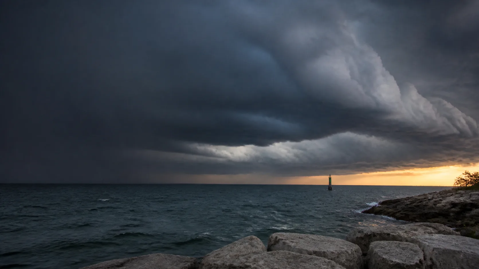 Illustrative navigation beacon beneath an approaching Lake Erie storm